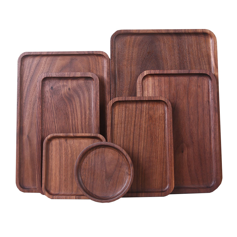 Luxury black walnut wood food Dry Fruit Compartment Solid Round Wooden Dish Serving Tray