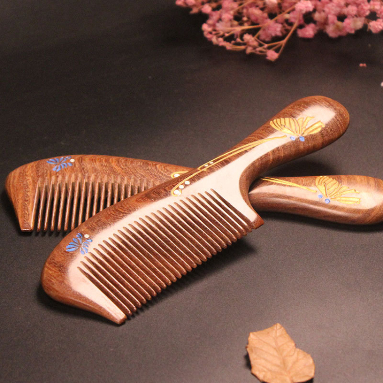 Natural Black Sandalwood Traditional Floral Design Curly Hair Detangling Scalp Massage Personalized Hair Wooden Pocket Comb