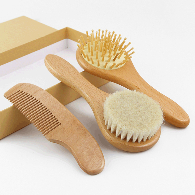 Natural Newborn Brush Hair Soft Bristles Bamboo Wooden Newborn Baby wool Brush Set Hair Brush Combs