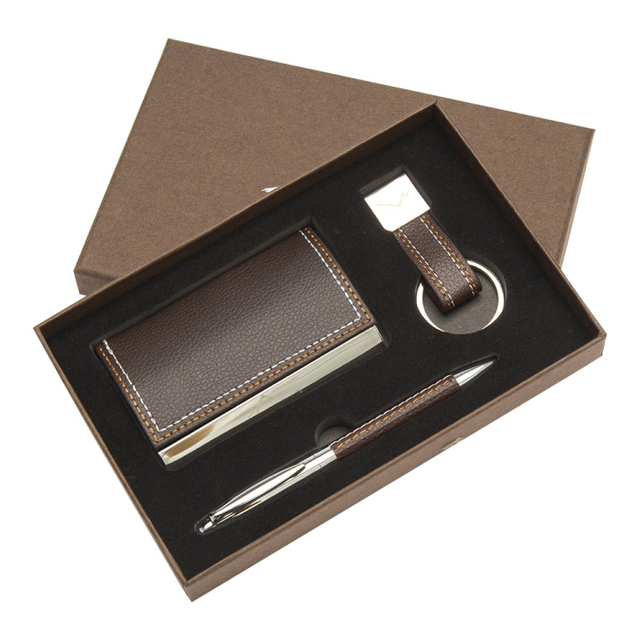 Executive Business Gift Leather Card Box Pen Keychain Set