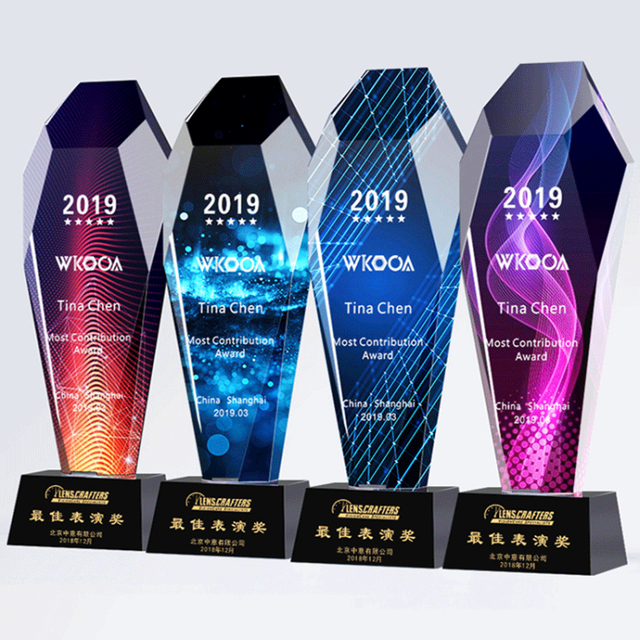 Hand Made Colorful Custom Shape Logo High End Business Anniversary Meeting Gift K9 Crystal Award Trophy