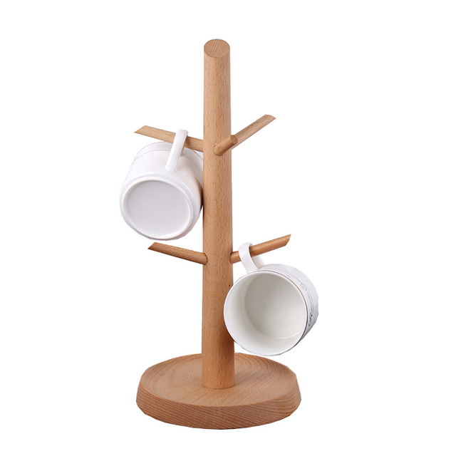 Wooden Mug Holder Tree Kitchen Display Stand Coffee Cup Rack For Countertop Tabletop Holder With 6 Hooks