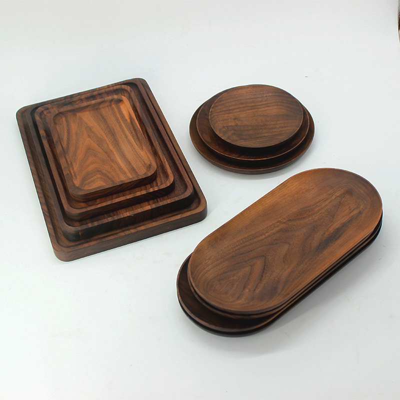 Luxury black walnut wood food Dry Fruit Compartment Solid Round Wooden Dish Serving Tray
