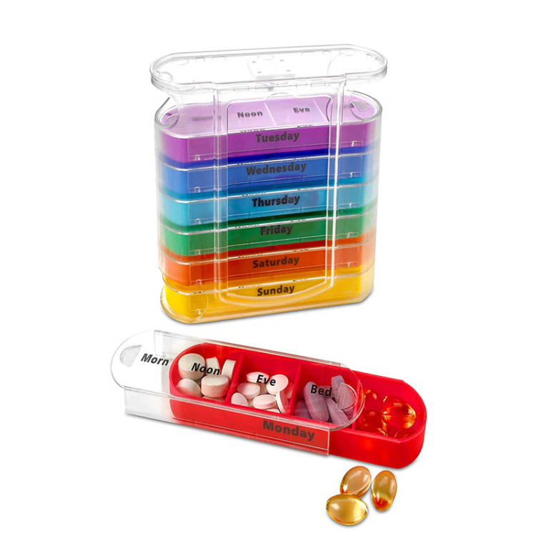 Rainbow Color Weekly 7 Day Pill Organizer Container 28 Case Sealed, Medicine Holder Plastic Pill Box