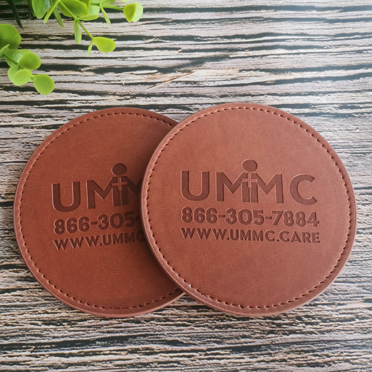 Hign End Hotel Restaurant Kitchen Gift Set Logo Embossed PU Leather Cup Mat Coaster 9cm