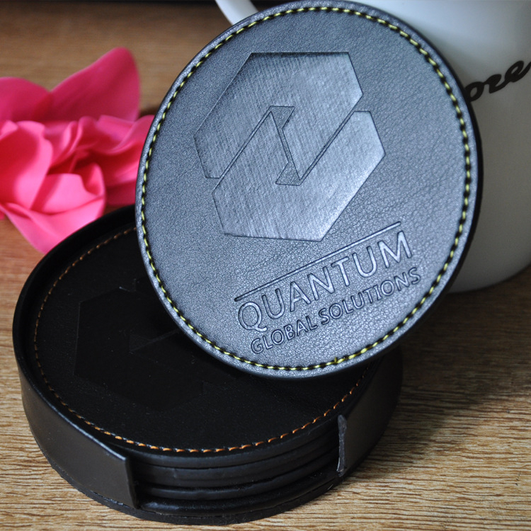 9cm,10cm Round Custom Logo PU Leather Cup Mat 6pcs in 1 Coaster