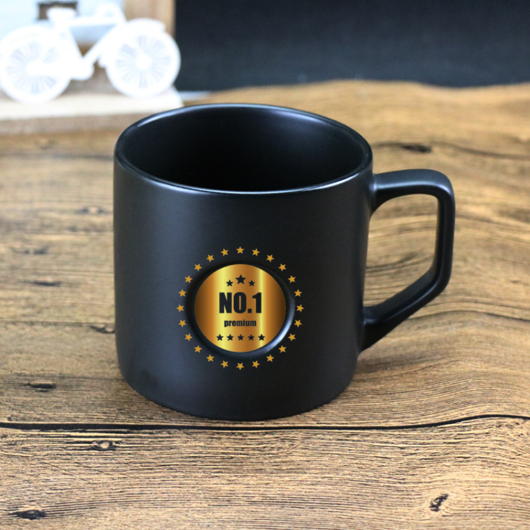 Customized metal logo creative plain matte black ceramic mug