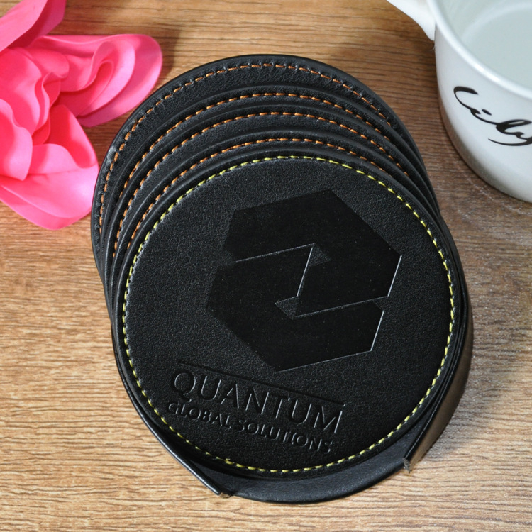 9cm,10cm Round Custom Logo PU Leather Cup Mat 6pcs in 1 Coaster