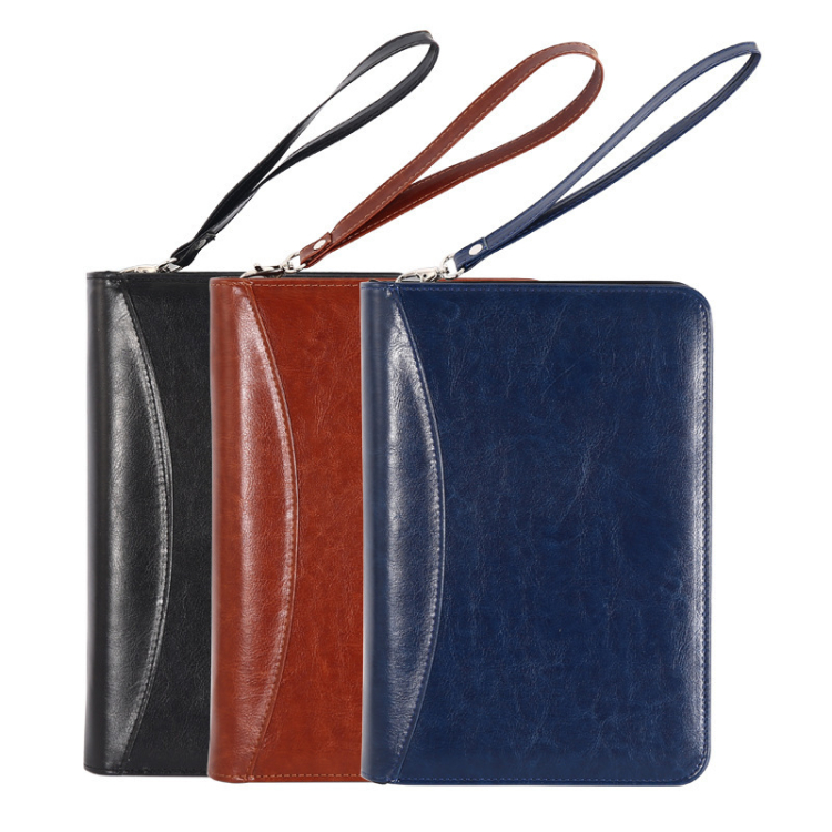 Custom Leather Stationery Zipper Closure Portfolio File Folder with Charging Power Bank