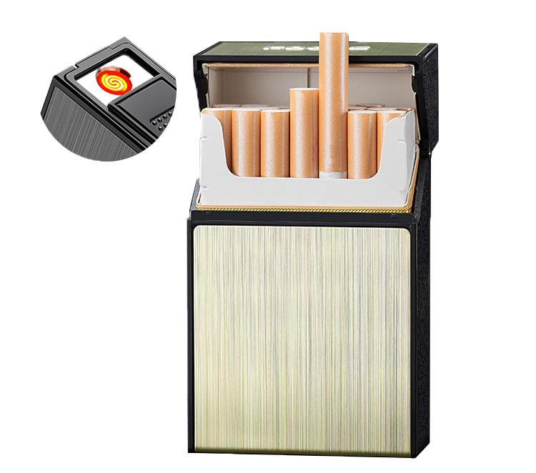 Men 20 Loaded Black Silver Golden Cigarette Case with Flameless USB Rechargeable Lighter