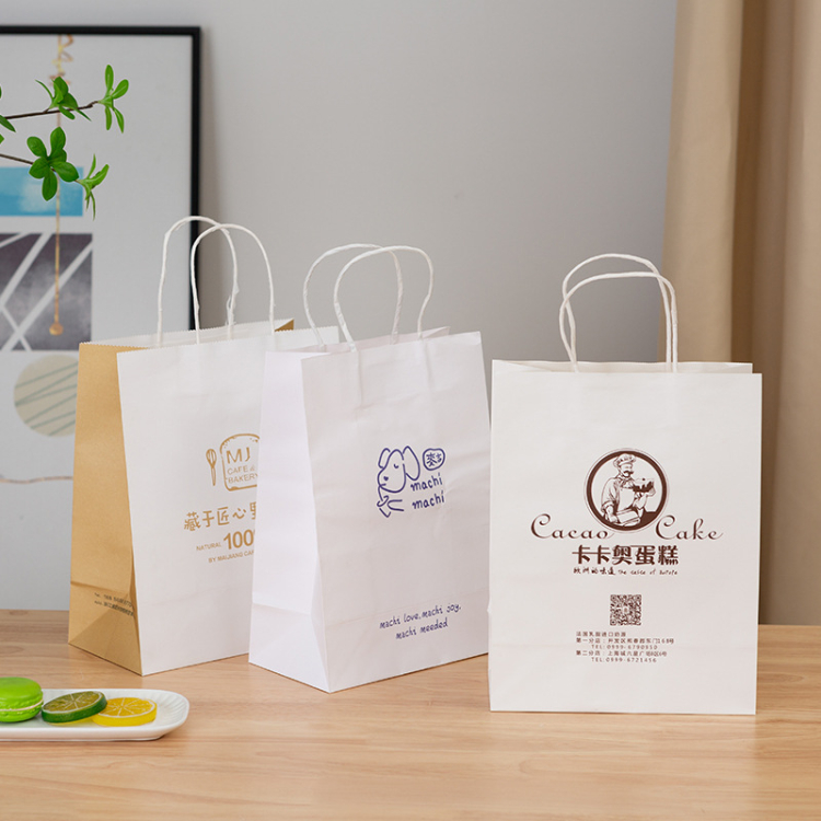 Popular takeaway paper white bags for food, clothing, gift, grocery white paper bag with handle