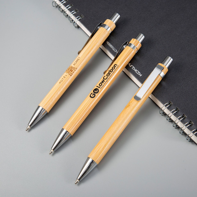 Customized eco friendly press bamboo ball pens with metal clip custom logo stick pen for gift and promotion