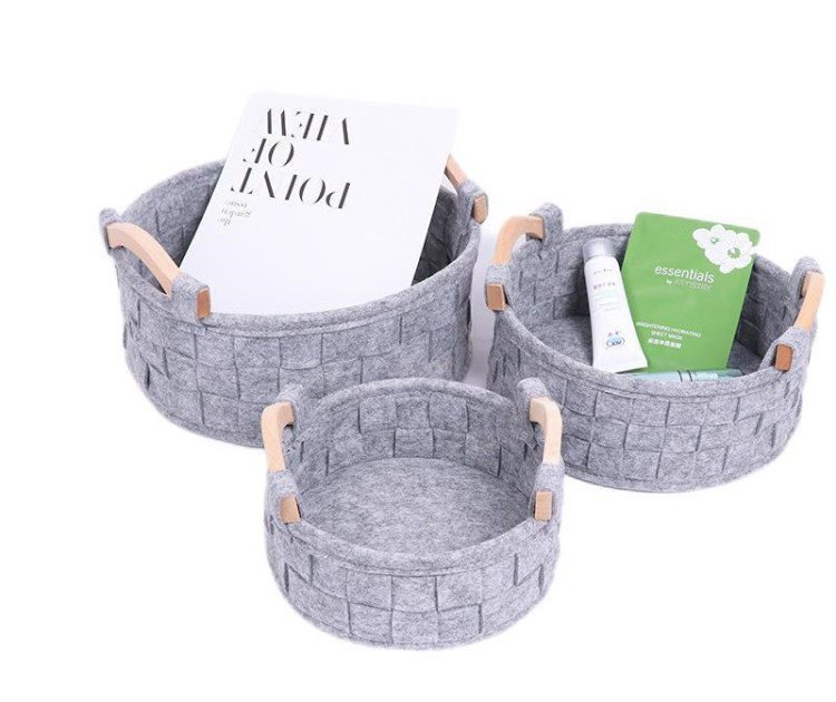 Custom Round Home Organizers Felt Storage Baskets with Wood Handles