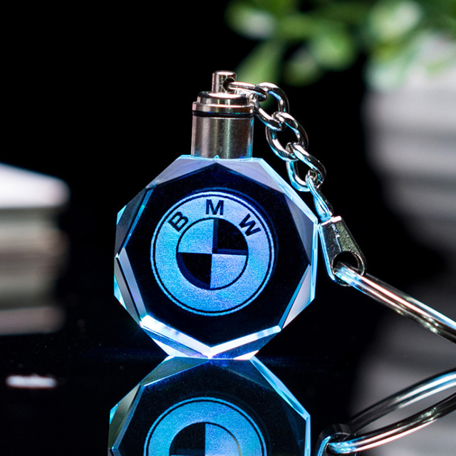 Car Logo 3d Laser Light Blank Acrylic Keychains Key Chain High End Promotional Gift Led Crystal Glass Keychain