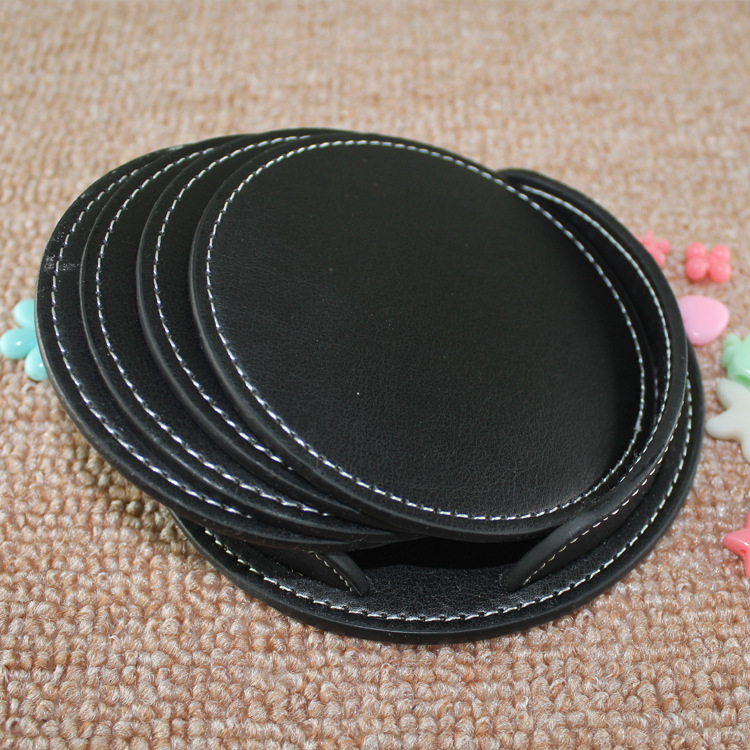 9cm,10cm Round Custom Logo PU Leather Cup Mat 6pcs in 1 Coaster
