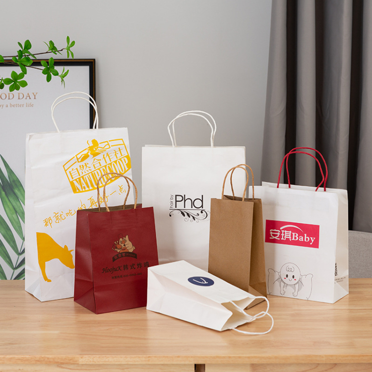 Popular takeaway paper white bags for food, clothing, gift, grocery white paper bag with handle
