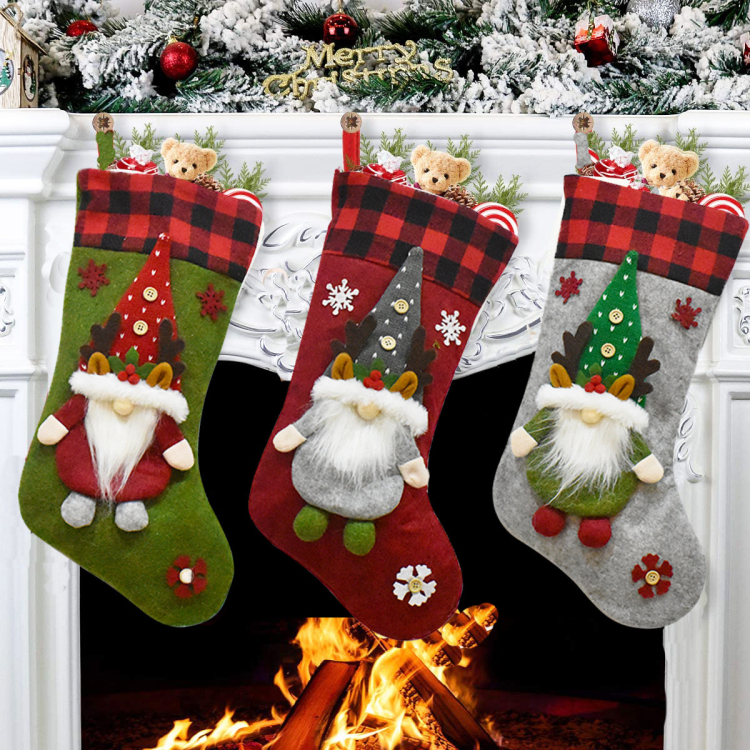 Christmas Stocking Faceless Doll Buffalo Plaid Trim Stocking Bags Christmas Hanging Socks for Holiday Party Decoration