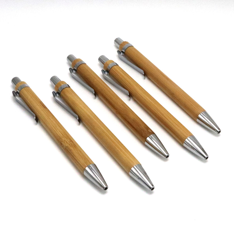 Customized eco friendly press bamboo ball pens with metal clip custom logo stick pen for gift and promotion