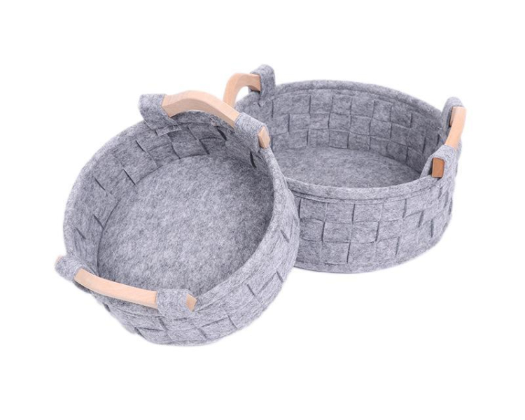 Custom Round Home Organizers Felt Storage Baskets with Wood Handles