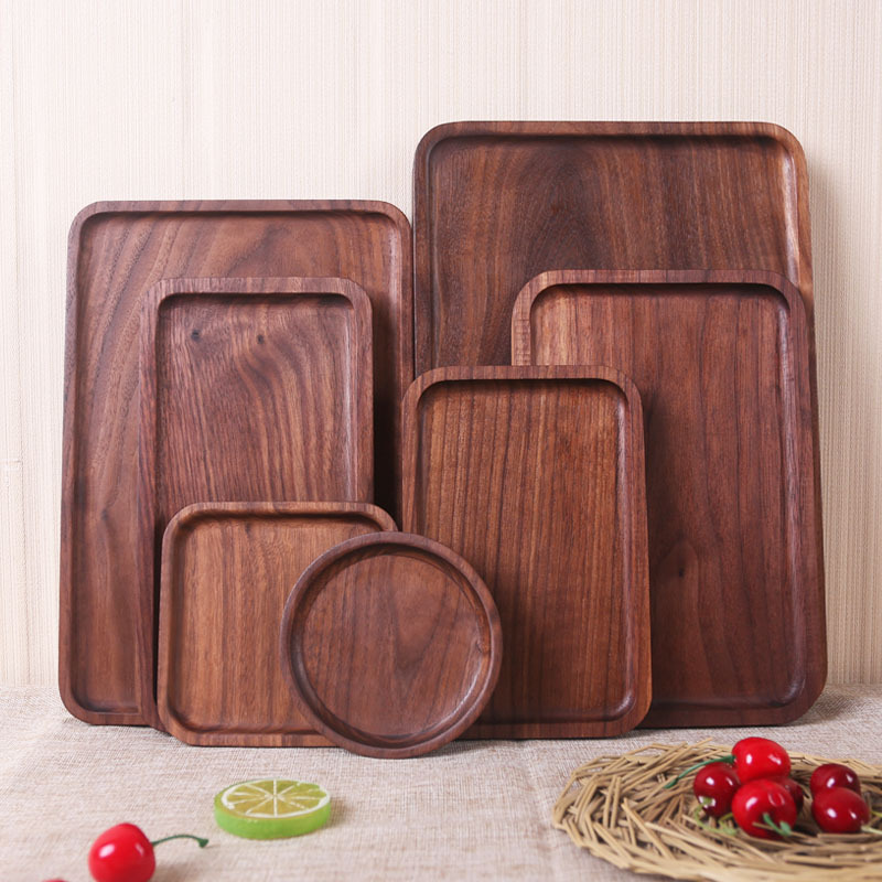 Luxury black walnut wood food Dry Fruit Compartment Solid Round Wooden Dish Serving Tray
