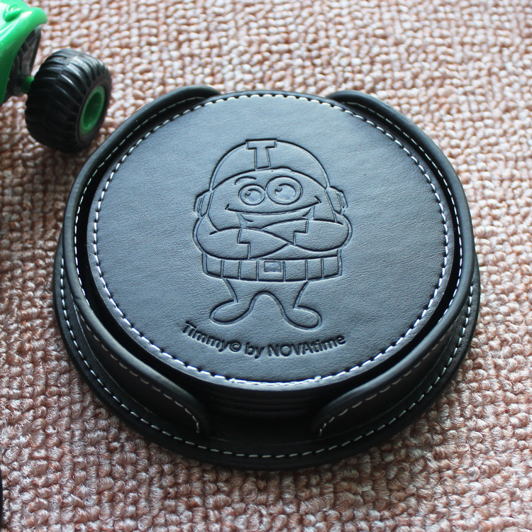 9cm,10cm Round Custom Logo PU Leather Cup Mat 6pcs in 1 Coaster
