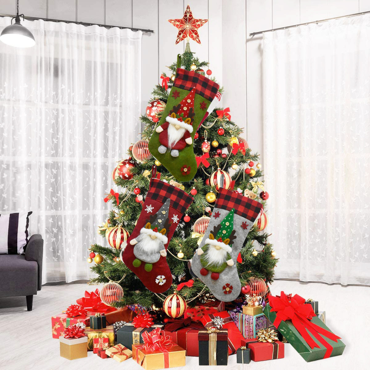 Christmas Stocking Faceless Doll Buffalo Plaid Trim Stocking Bags Christmas Hanging Socks for Holiday Party Decoration