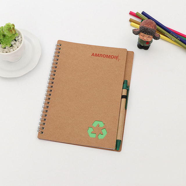 Eco Green gift custom logo kraft paper cover spiral notebook with ballpoint pen