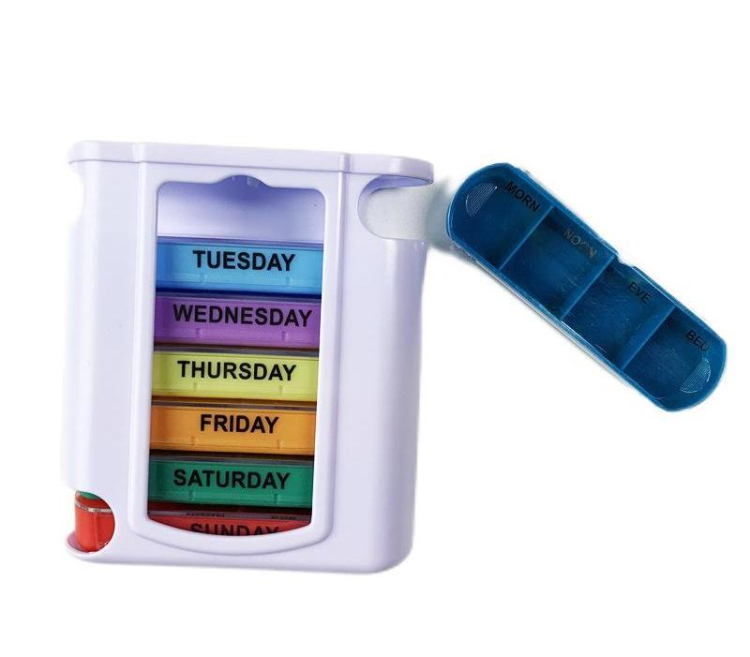 Rainbow Color Weekly 7 Day Pill Organizer Container 28 Case Sealed, Medicine Holder Plastic Pill Box