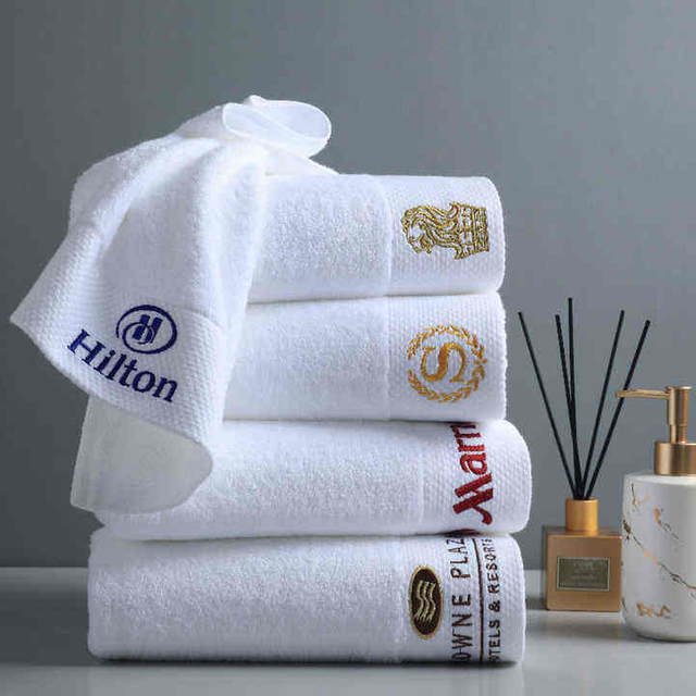 Embroidered logo hand face bath towels white 100% cotton luxury hotel towel set