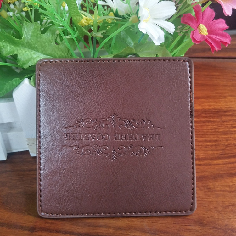 Hign End Hotel Restaurant Kitchen Gift Set Logo Embossed PU Leather Cup Mat Coaster 9cm