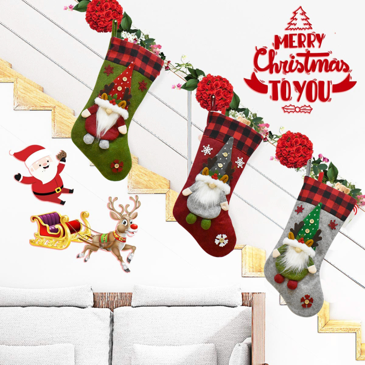 Christmas Stocking Faceless Doll Buffalo Plaid Trim Stocking Bags Christmas Hanging Socks for Holiday Party Decoration