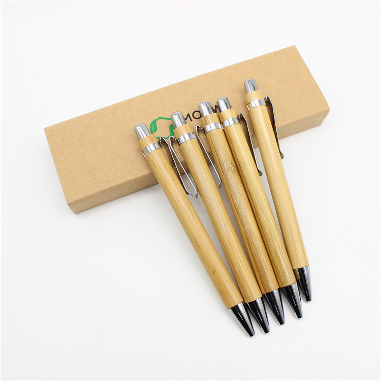 Customized eco friendly press bamboo ball pens with metal clip custom logo stick pen for gift and promotion