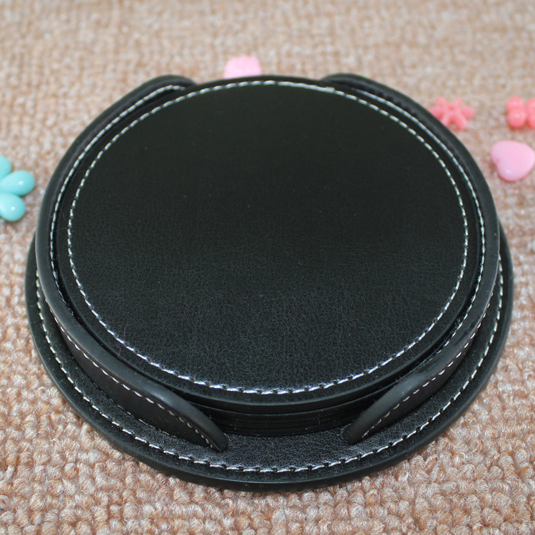 9cm,10cm Round Custom Logo PU Leather Cup Mat 6pcs in 1 Coaster
