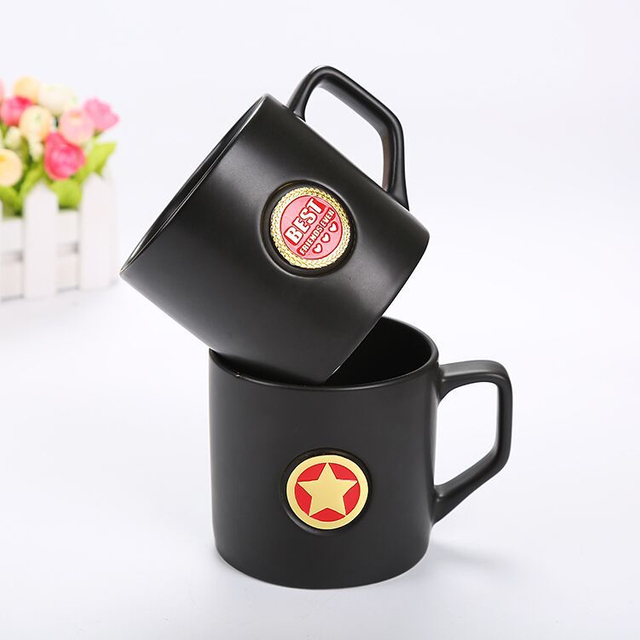 Customized metal logo creative plain matte black ceramic mug