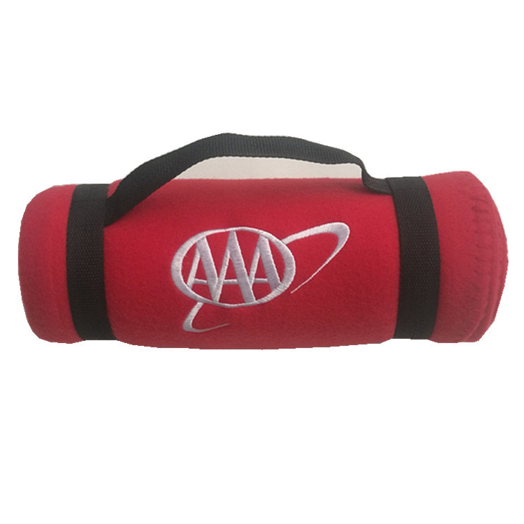 Custom Logo Embroidery Outdoor Camping Portable Blanket Polyester Roll Fleece Blanket With Strapping For Promotion