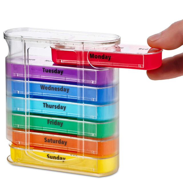 Rainbow Color Weekly 7 Day Pill Organizer Container 28 Case Sealed, Medicine Holder Plastic Pill Box