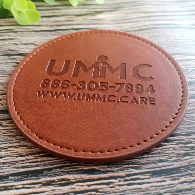 Hign End Hotel Restaurant Kitchen Gift Set Logo Embossed PU Leather Cup Mat Coaster 9cm