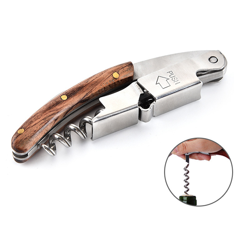 Promotion Gift 3 In 1 Function Bar Waiters Wood Handle Red Wine Bottle Opener Corkscrew