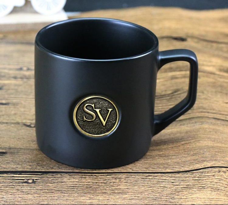 Customized metal logo creative plain matte black ceramic mug