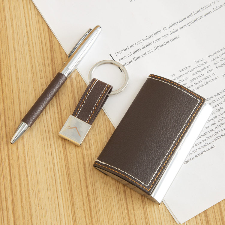 Executive Business Gift Leather Card Box Pen Keychain Set