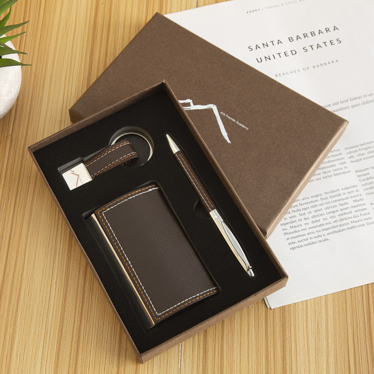 Executive Business Gift Leather Card Box Pen Keychain Set