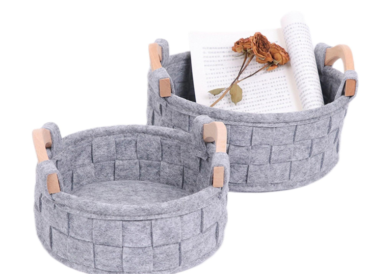 Custom Round Home Organizers Felt Storage Baskets with Wood Handles