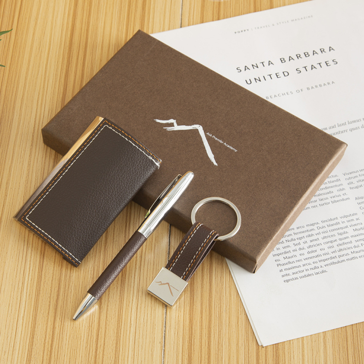 Executive Business Gift Leather Card Box Pen Keychain Set