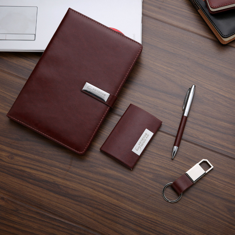 Custom Logo Business Gift Leather Pen Notebook kechain Set